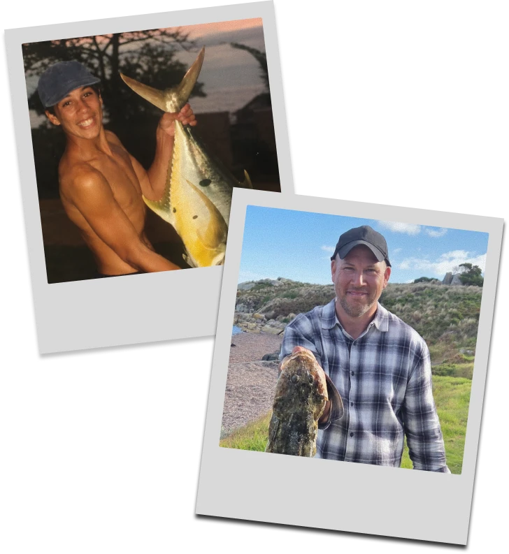 Stephen Newall, founder of Knot & Scales, holding fish across two photos